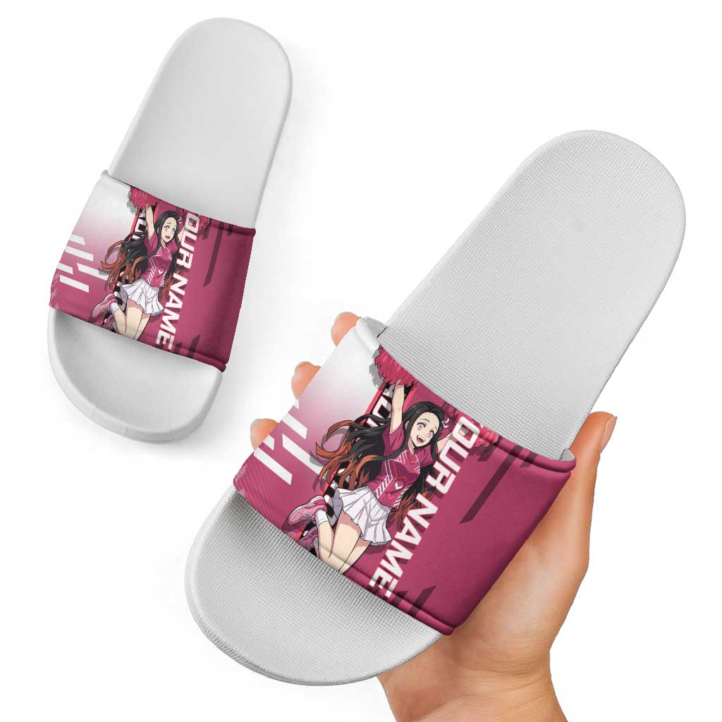 Personalized Nezuko Kamado Demon Slayer Badminton Cheerleader Slide Sandals with Pom Poms and Pink White Graphic Design - The Mazicc
