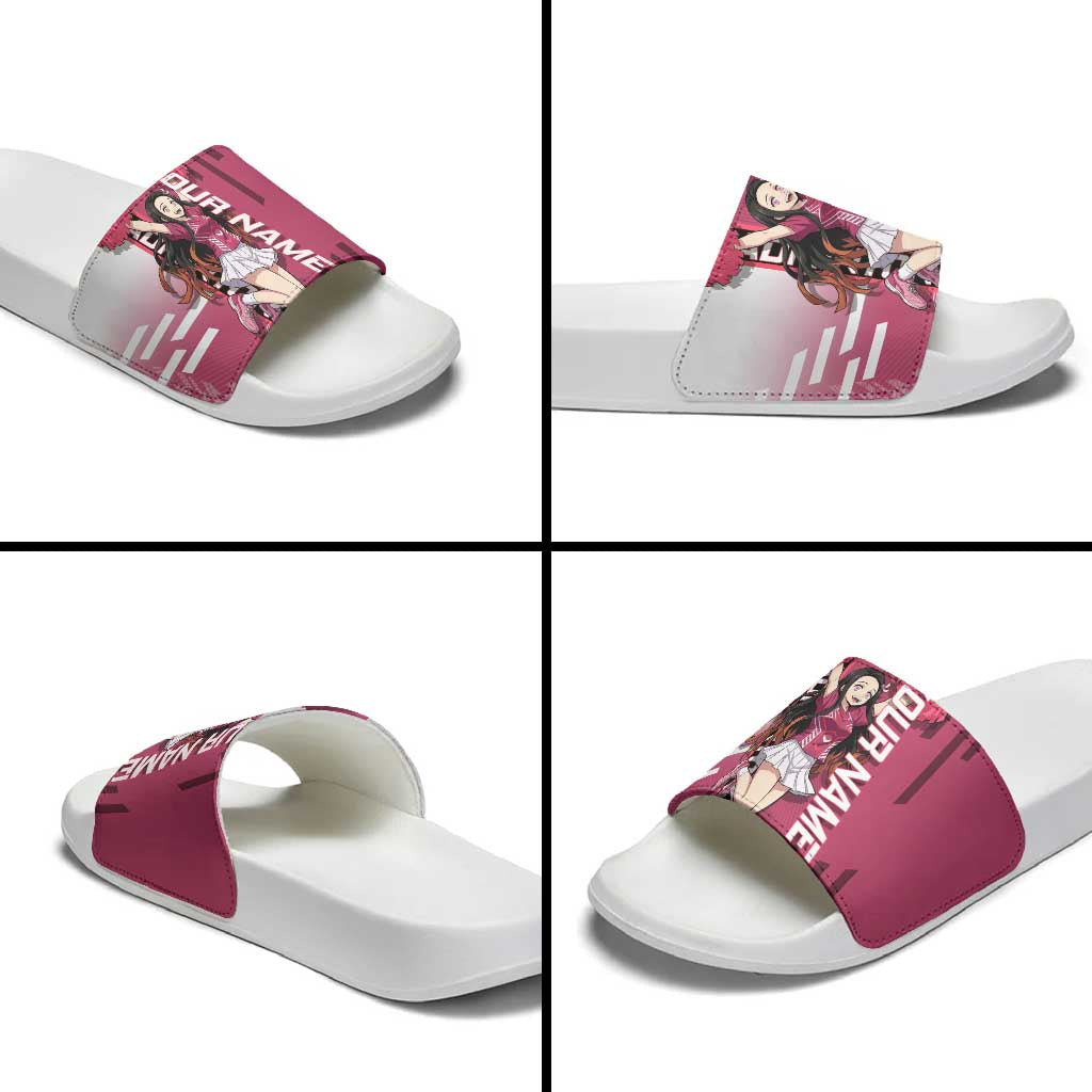 Personalized Nezuko Kamado Demon Slayer Badminton Cheerleader Slide Sandals with Pom Poms and Pink White Graphic Design - The Mazicc