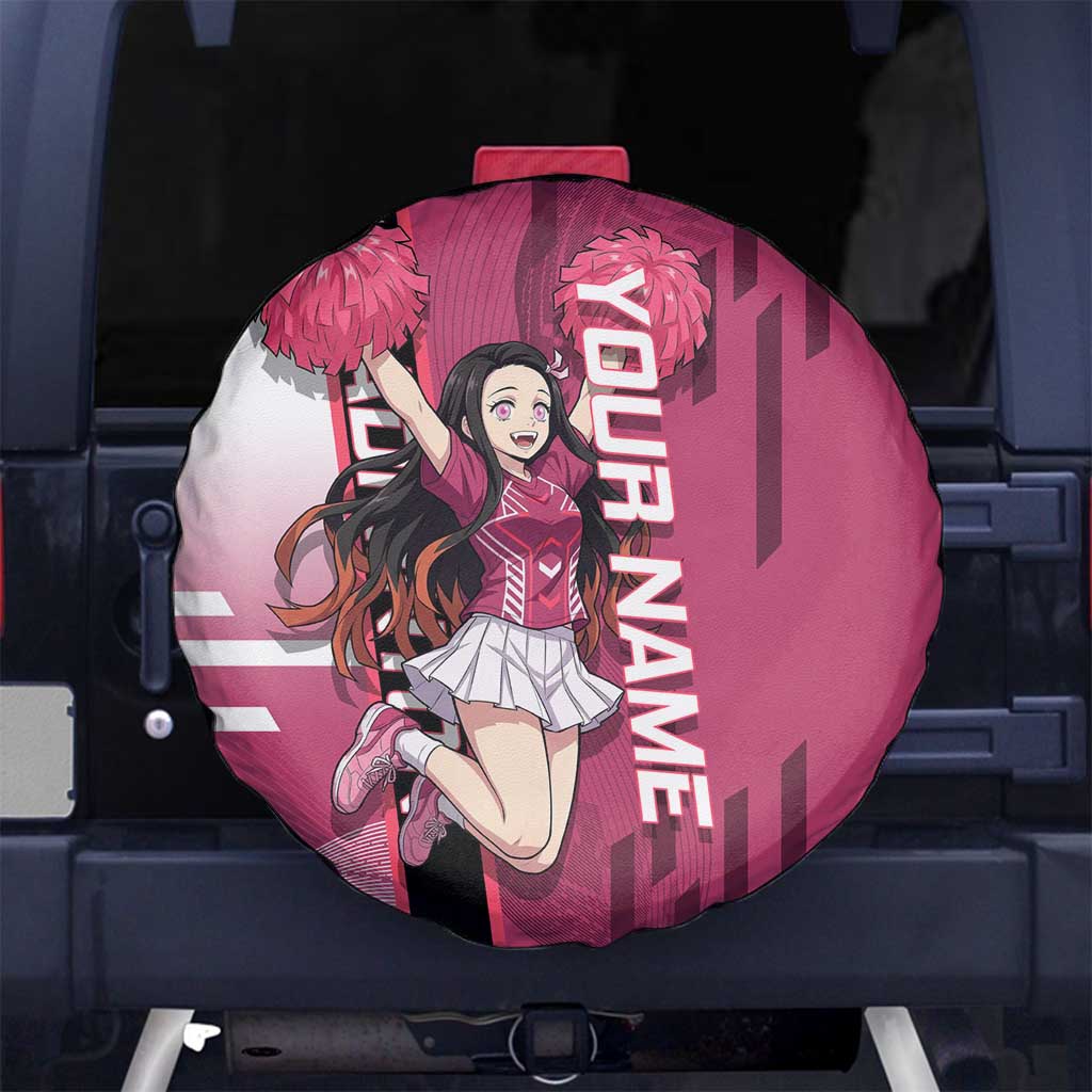 Personalized Nezuko Kamado Demon Slayer Badminton Cheerleader Spare Tire Cover with Pom Poms and Pink White Graphic Design - The Mazicc