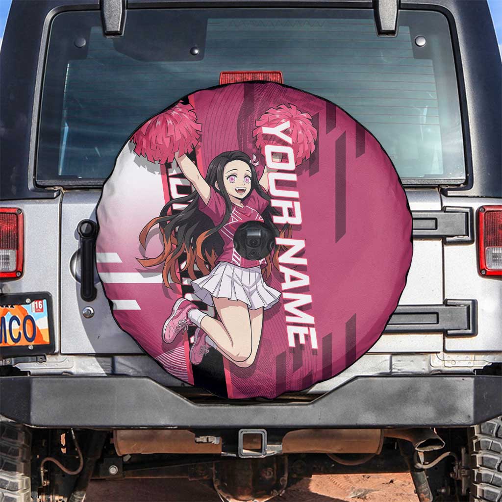 Personalized Nezuko Kamado Demon Slayer Badminton Cheerleader Spare Tire Cover with Pom Poms and Pink White Graphic Design - The Mazicc