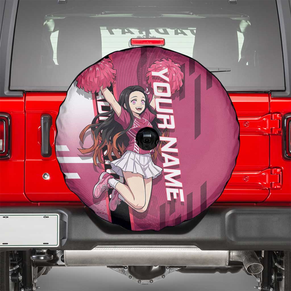 Personalized Nezuko Kamado Demon Slayer Badminton Cheerleader Spare Tire Cover with Pom Poms and Pink White Graphic Design - The Mazicc