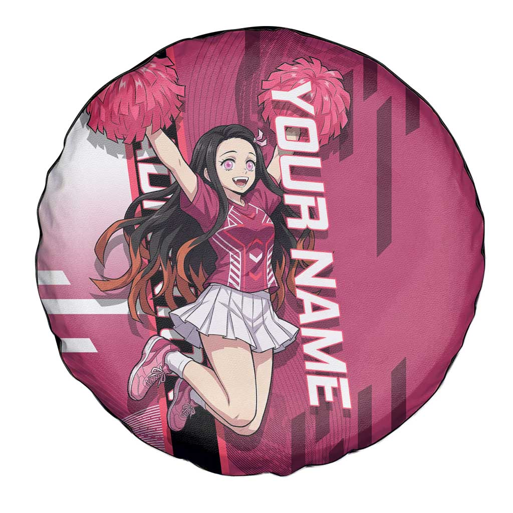 Personalized Nezuko Kamado Demon Slayer Badminton Cheerleader Spare Tire Cover with Pom Poms and Pink White Graphic Design - The Mazicc