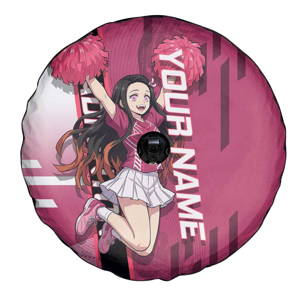 Personalized Nezuko Kamado Demon Slayer Badminton Cheerleader Spare Tire Cover with Pom Poms and Pink White Graphic Design - The Mazicc