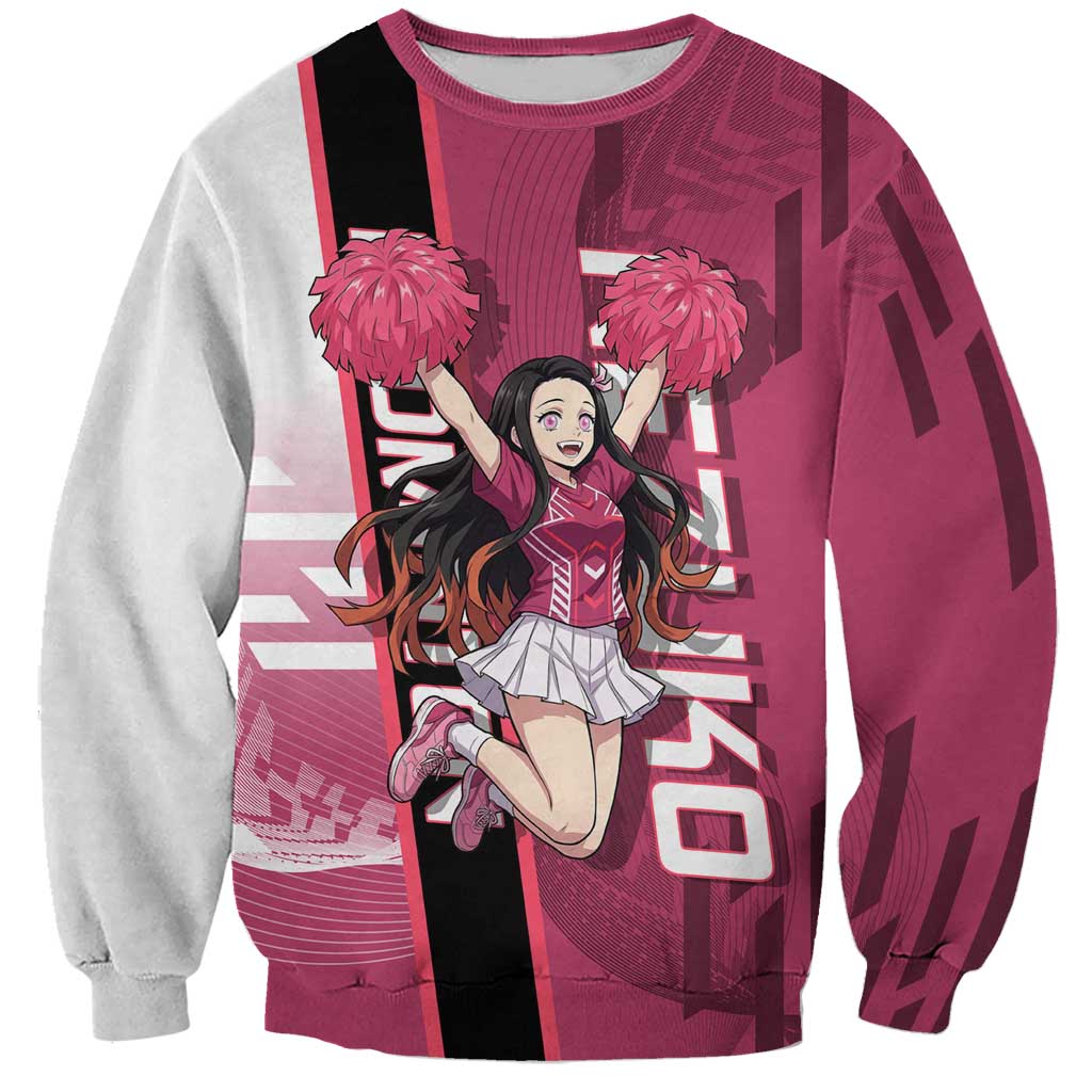 Personalized Nezuko Kamado Demon Slayer Badminton Cheerleader Sweatshirt with Pom Poms and Pink White Graphic Design - The Mazicc