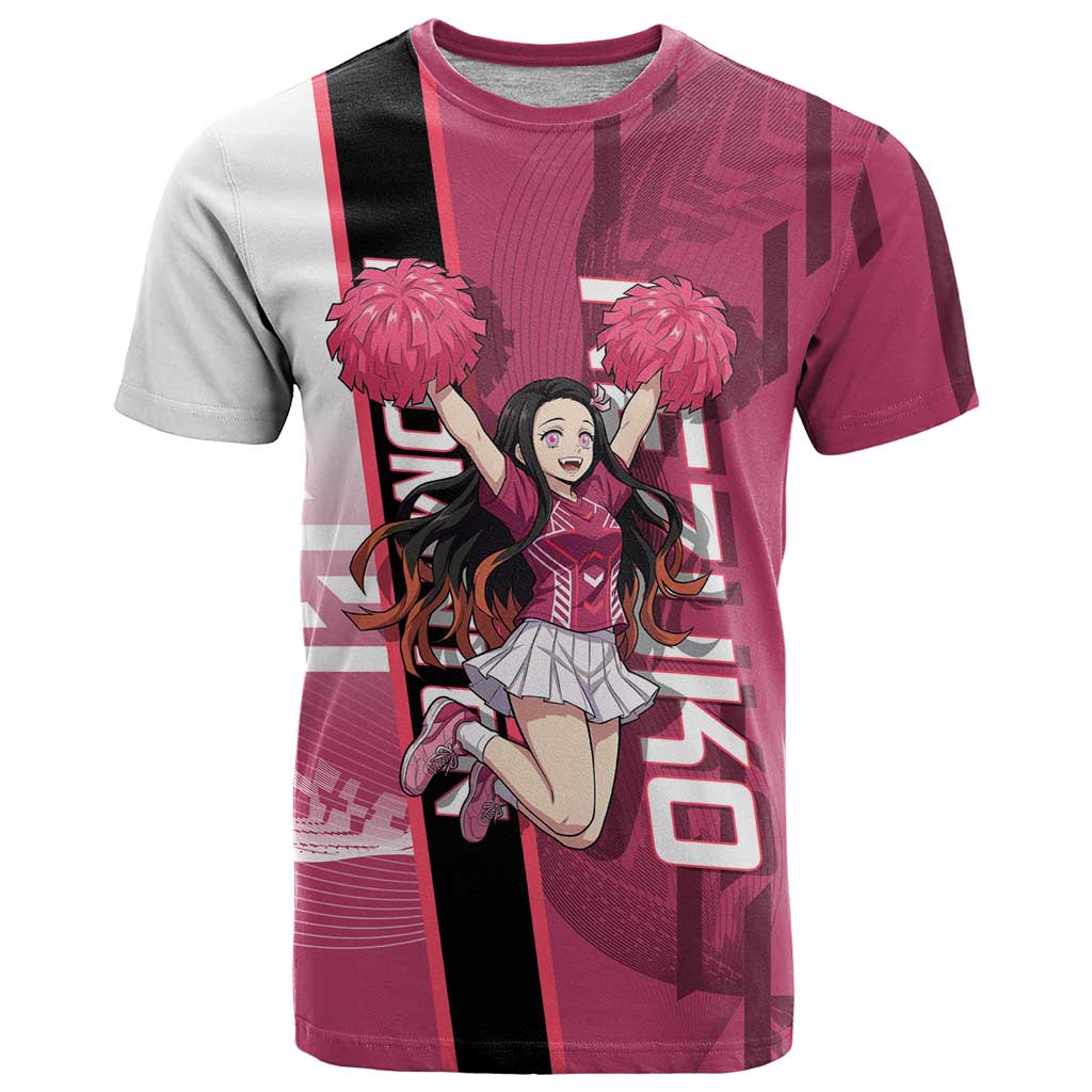Personalized Nezuko Kamado Demon Slayer Badminton Cheerleader T Shirt with Pom Poms and Pink White Graphic Design - The Mazicc