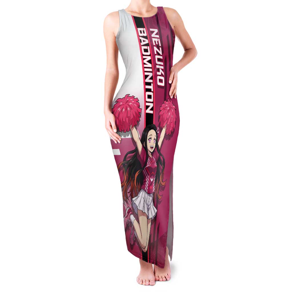 Personalized Nezuko Kamado Demon Slayer Badminton Cheerleader Tank Maxi Dress with Pom Poms and Pink White Graphic Design - The Mazicc