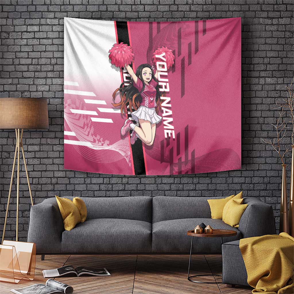 Personalized Nezuko Kamado Demon Slayer Badminton Cheerleader Tapestry with Pom Poms and Pink White Graphic Design - The Mazicc