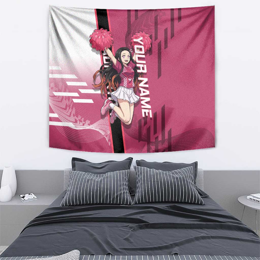 Personalized Nezuko Kamado Demon Slayer Badminton Cheerleader Tapestry with Pom Poms and Pink White Graphic Design - The Mazicc