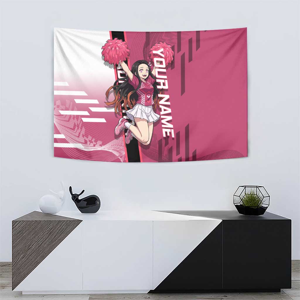 Personalized Nezuko Kamado Demon Slayer Badminton Cheerleader Tapestry with Pom Poms and Pink White Graphic Design - The Mazicc
