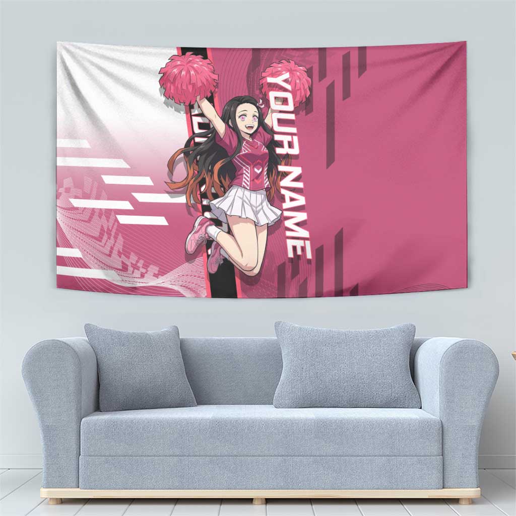 Personalized Nezuko Kamado Demon Slayer Badminton Cheerleader Tapestry with Pom Poms and Pink White Graphic Design - The Mazicc