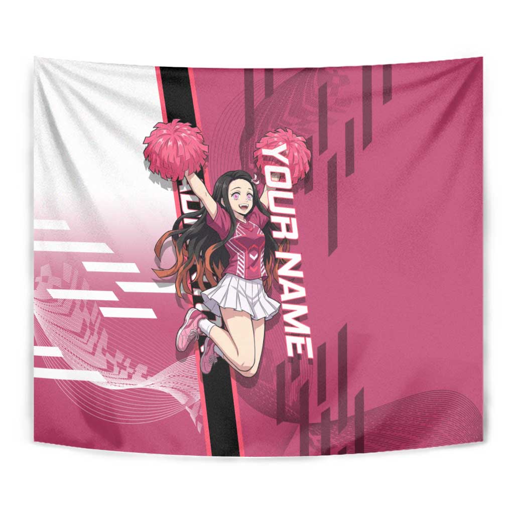 Personalized Nezuko Kamado Demon Slayer Badminton Cheerleader Tapestry with Pom Poms and Pink White Graphic Design - The Mazicc