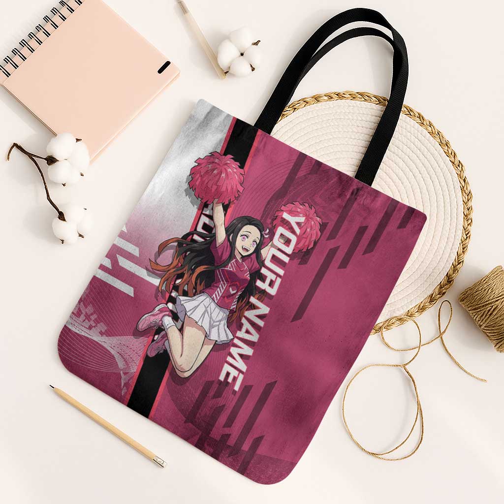 Personalized Nezuko Kamado Demon Slayer Badminton Cheerleader Tote Bag with Pom Poms and Pink White Graphic Design - The Mazicc