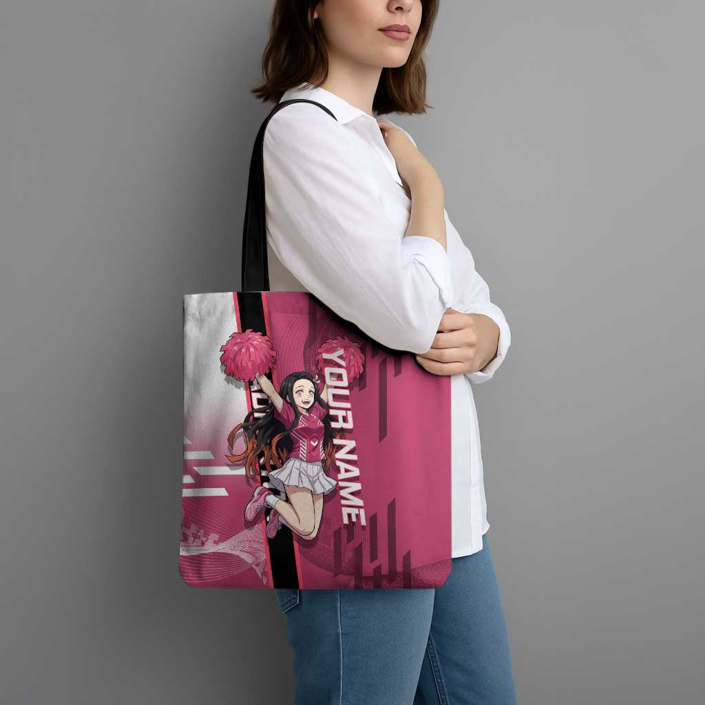 Personalized Nezuko Kamado Demon Slayer Badminton Cheerleader Tote Bag with Pom Poms and Pink White Graphic Design - The Mazicc