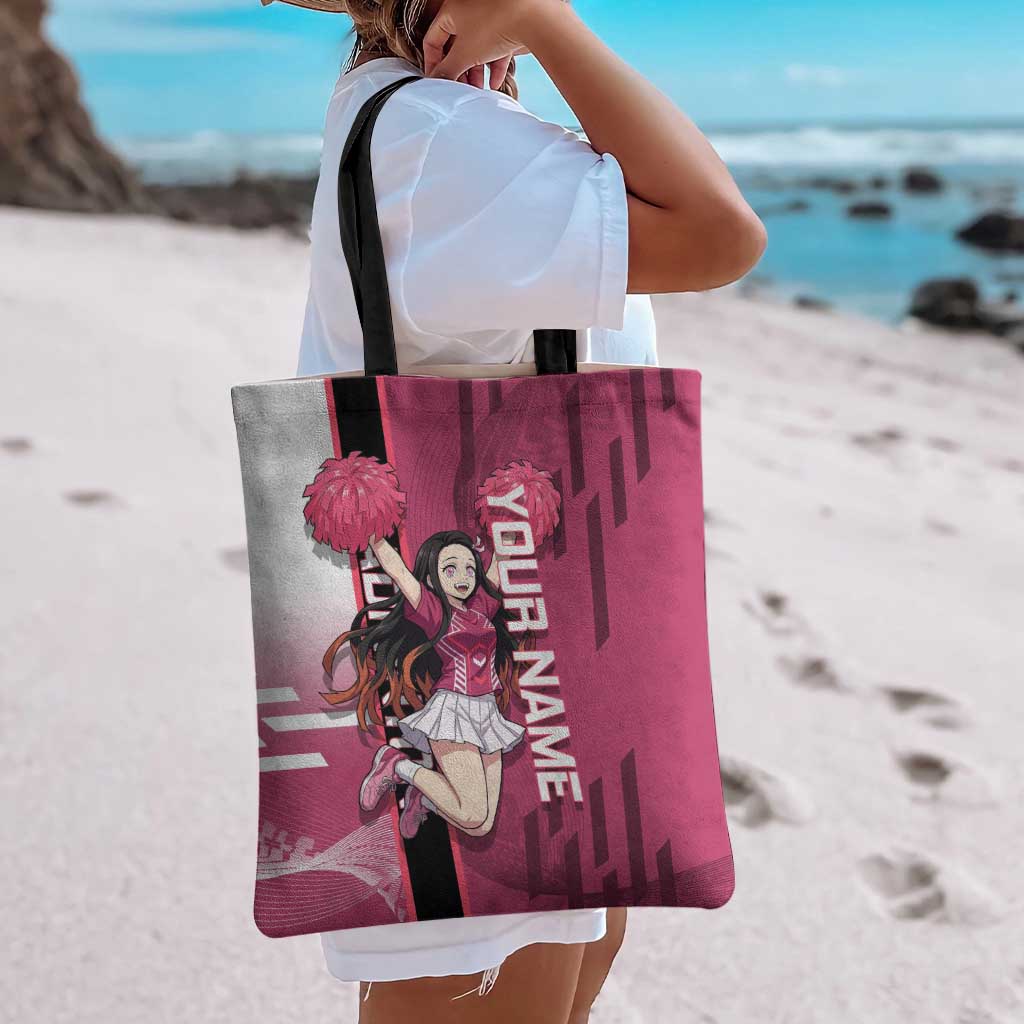 Personalized Nezuko Kamado Demon Slayer Badminton Cheerleader Tote Bag with Pom Poms and Pink White Graphic Design - The Mazicc
