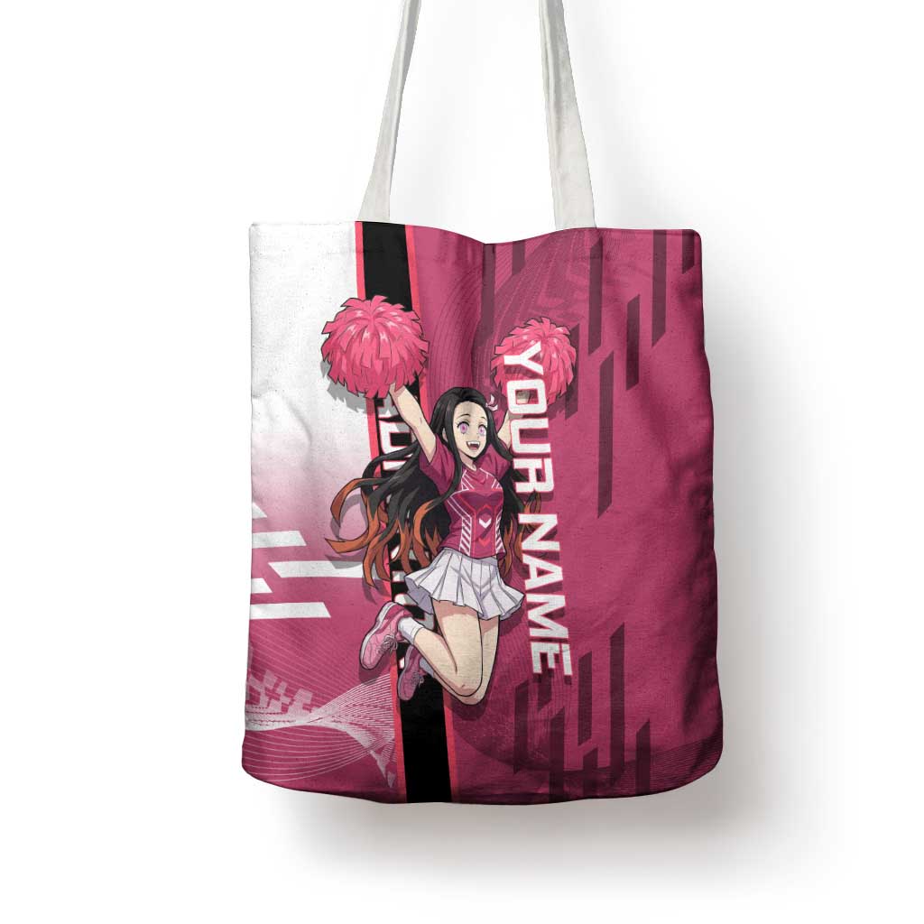 Personalized Nezuko Kamado Demon Slayer Badminton Cheerleader Tote Bag with Pom Poms and Pink White Graphic Design - The Mazicc