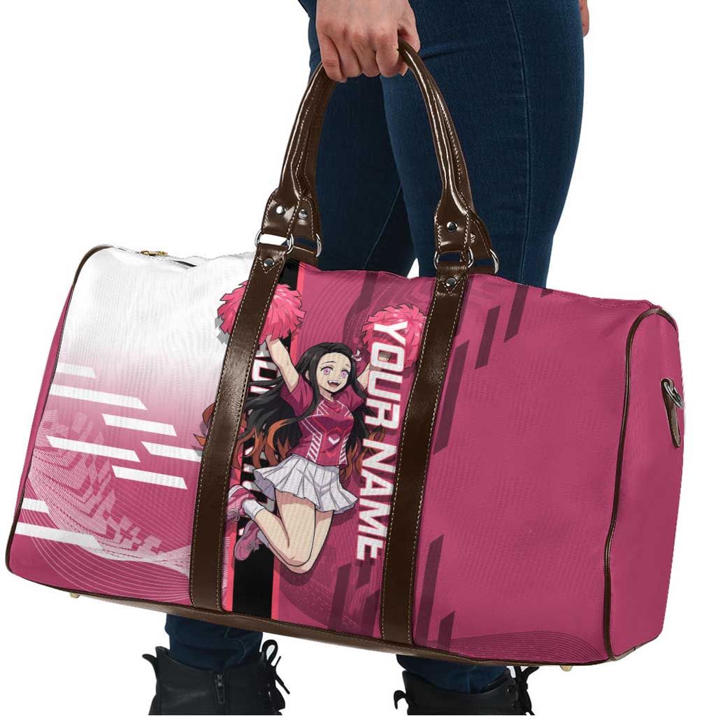 Personalized Nezuko Kamado Demon Slayer Badminton Cheerleader Travel Bag with Pom Poms and Pink White Graphic Design - The Mazicc