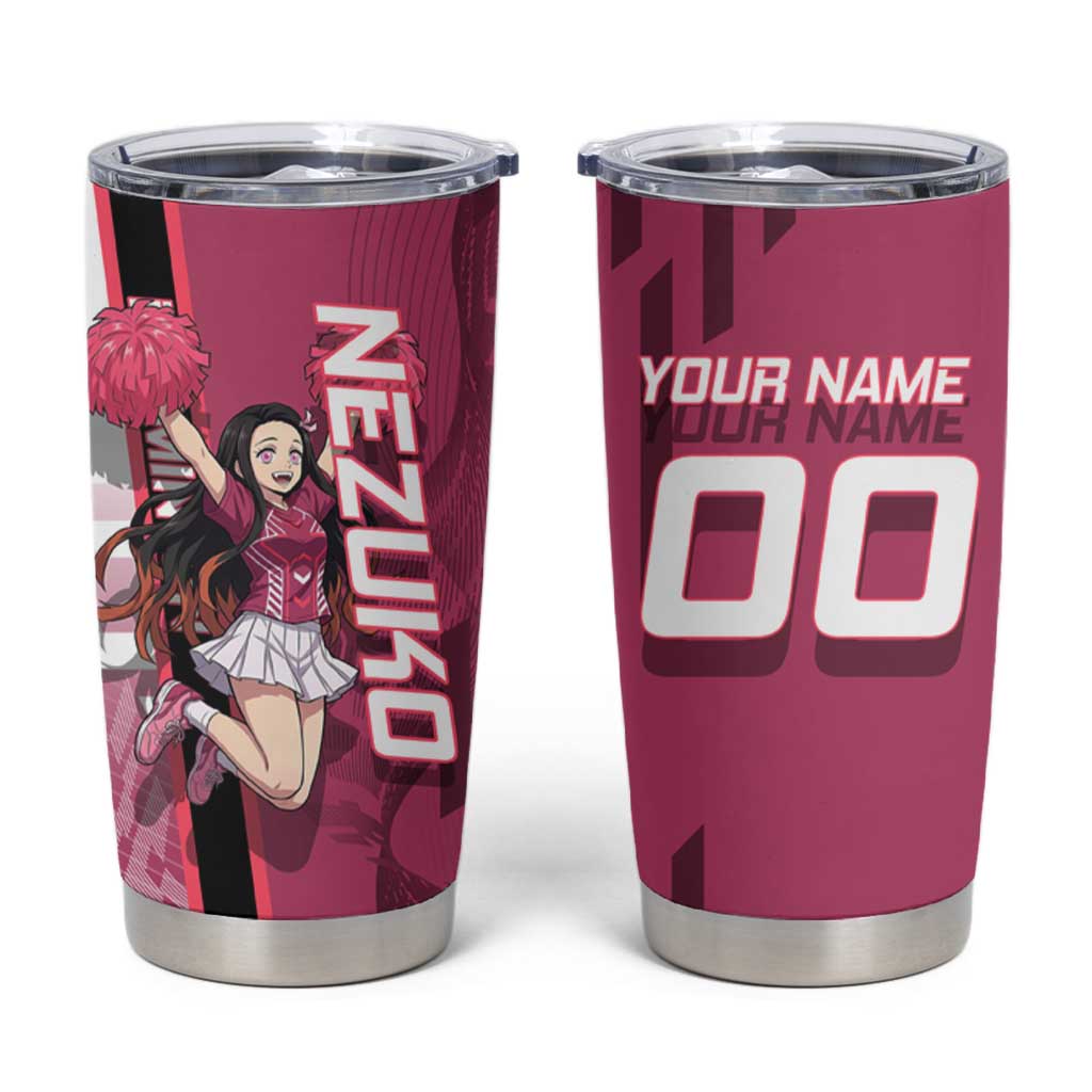 Personalized Nezuko Kamado Demon Slayer Badminton Cheerleader Tumbler Cup with Pom Poms and Pink White Graphic Design - The Mazicc