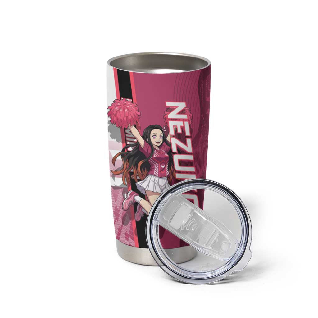 Personalized Nezuko Kamado Demon Slayer Badminton Cheerleader Tumbler Cup with Pom Poms and Pink White Graphic Design - The Mazicc
