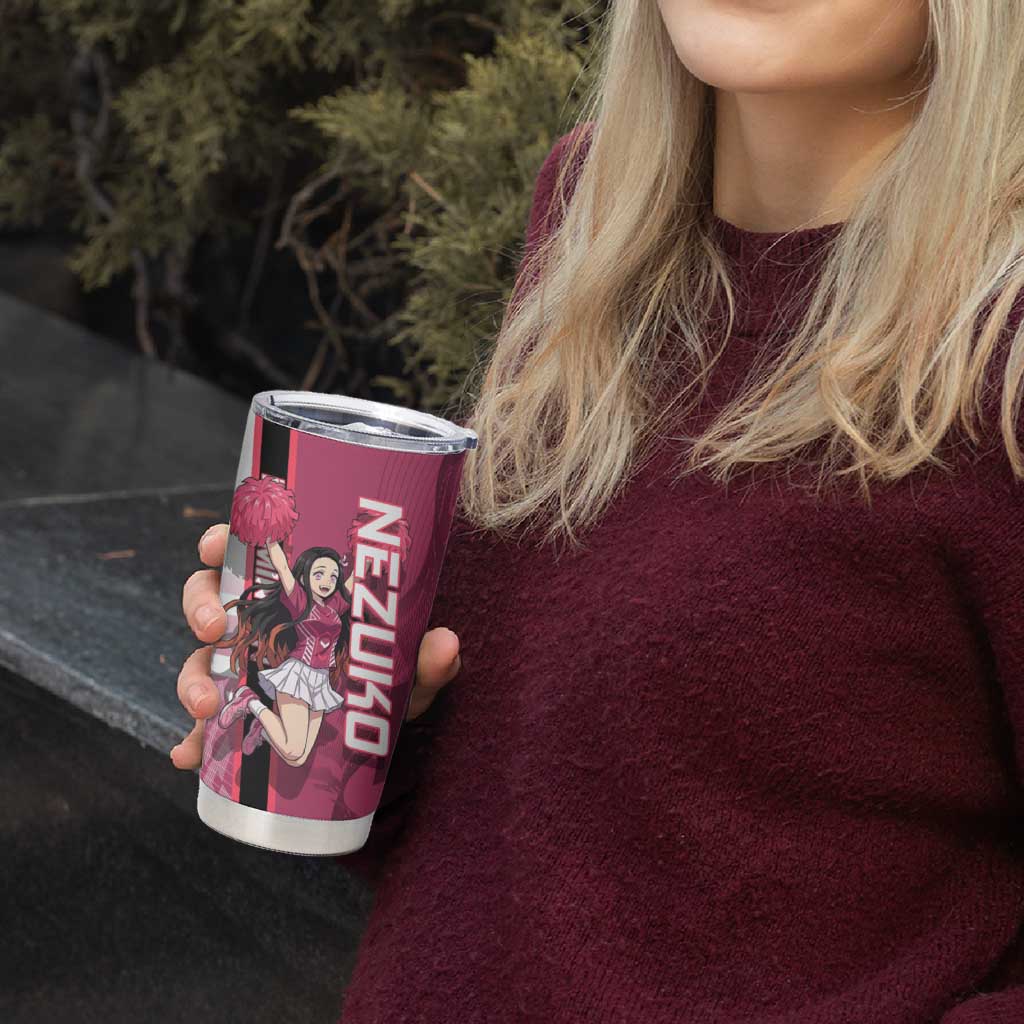 Personalized Nezuko Kamado Demon Slayer Badminton Cheerleader Tumbler Cup with Pom Poms and Pink White Graphic Design - The Mazicc