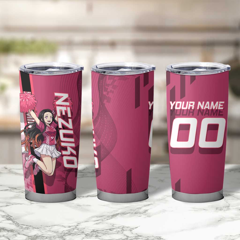 Personalized Nezuko Kamado Demon Slayer Badminton Cheerleader Tumbler Cup with Pom Poms and Pink White Graphic Design - The Mazicc