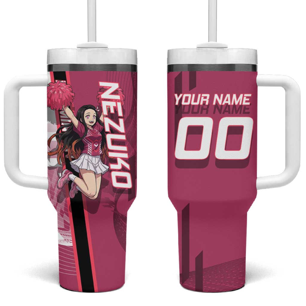 Personalized Nezuko Kamado Demon Slayer Badminton Cheerleader Tumbler With Handle with Pom Poms and Pink White Graphic Design - The Mazicc