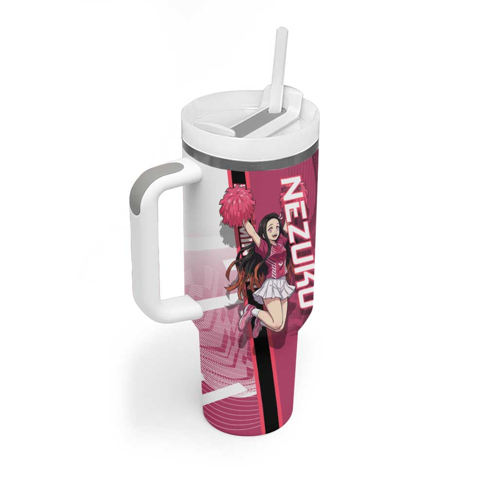 Personalized Nezuko Kamado Demon Slayer Badminton Cheerleader Tumbler With Handle with Pom Poms and Pink White Graphic Design - The Mazicc