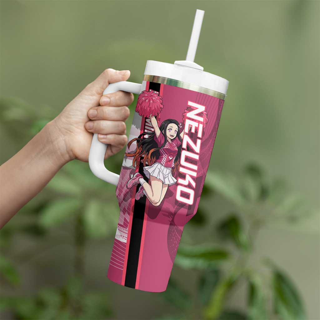 Personalized Nezuko Kamado Demon Slayer Badminton Cheerleader Tumbler With Handle with Pom Poms and Pink White Graphic Design - The Mazicc