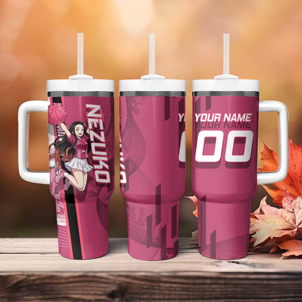 Personalized Nezuko Kamado Demon Slayer Badminton Cheerleader Tumbler With Handle with Pom Poms and Pink White Graphic Design - The Mazicc