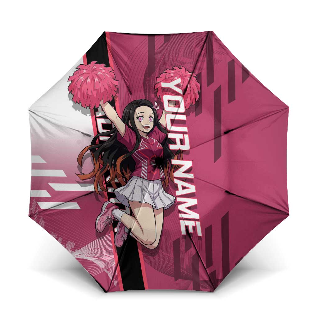 Personalized Nezuko Kamado Demon Slayer Badminton Cheerleader Umbrella with Pom Poms and Pink White Graphic Design - The Mazicc