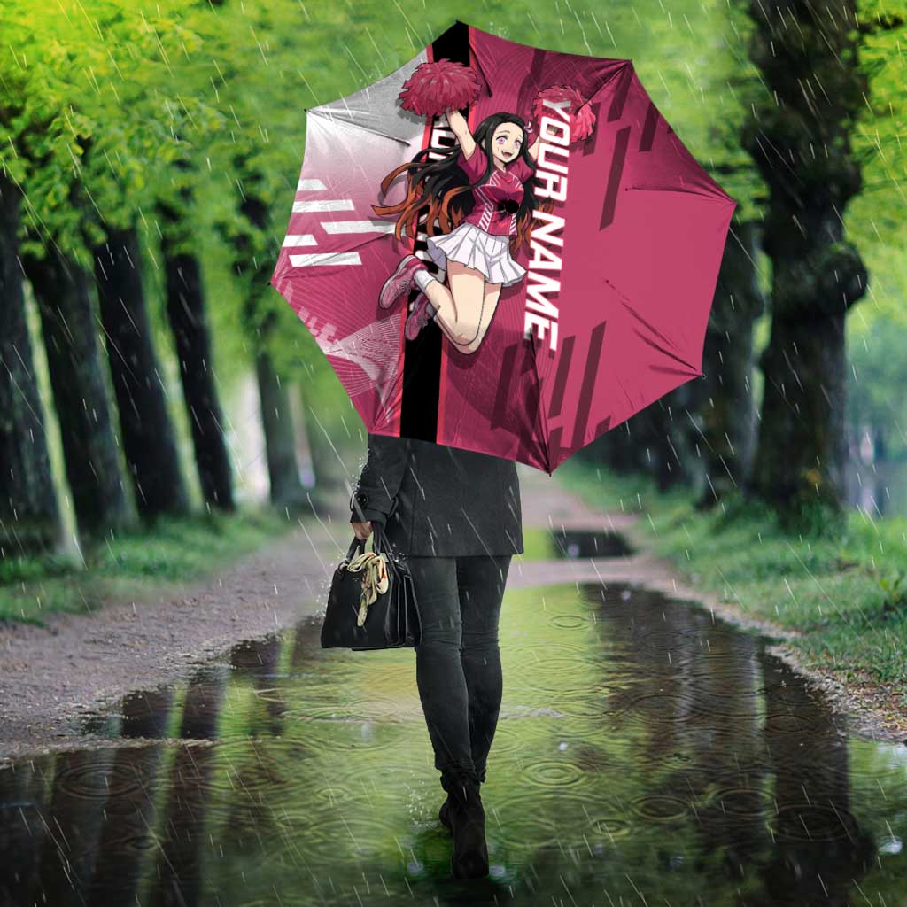 Personalized Nezuko Kamado Demon Slayer Badminton Cheerleader Umbrella with Pom Poms and Pink White Graphic Design - The Mazicc