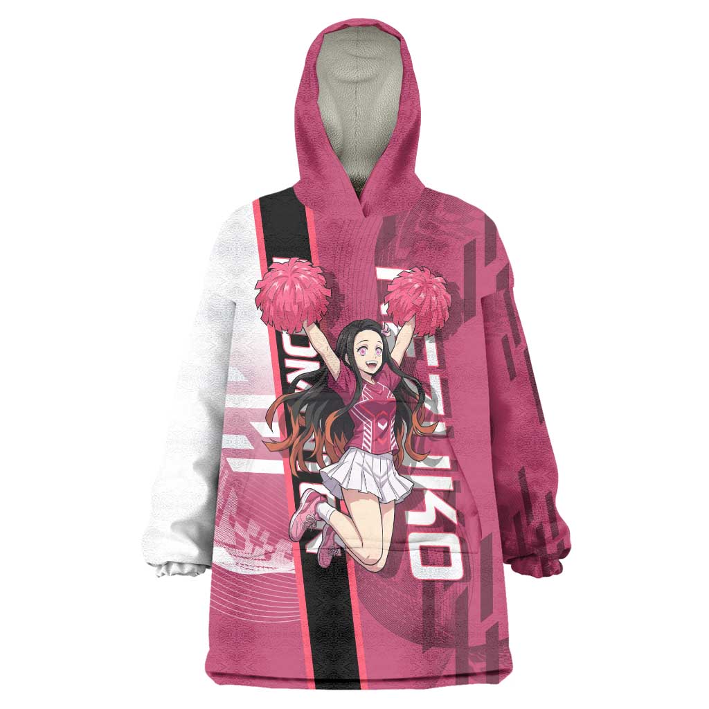 Personalized Nezuko Kamado Demon Slayer Badminton Cheerleader Wearable Blanket Hoodie with Pom Poms and Pink White Graphic Design - The Mazicc