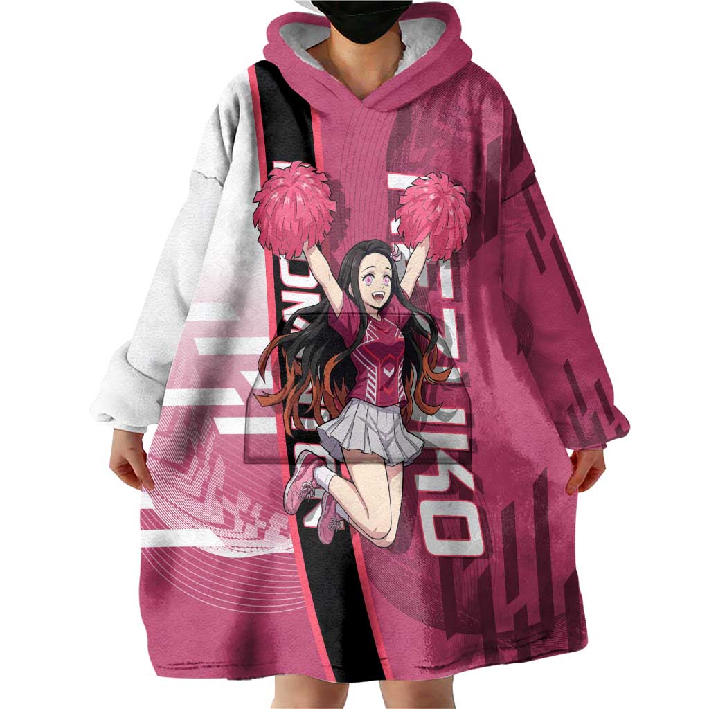 Personalized Nezuko Kamado Demon Slayer Badminton Cheerleader Wearable Blanket Hoodie with Pom Poms and Pink White Graphic Design - The Mazicc
