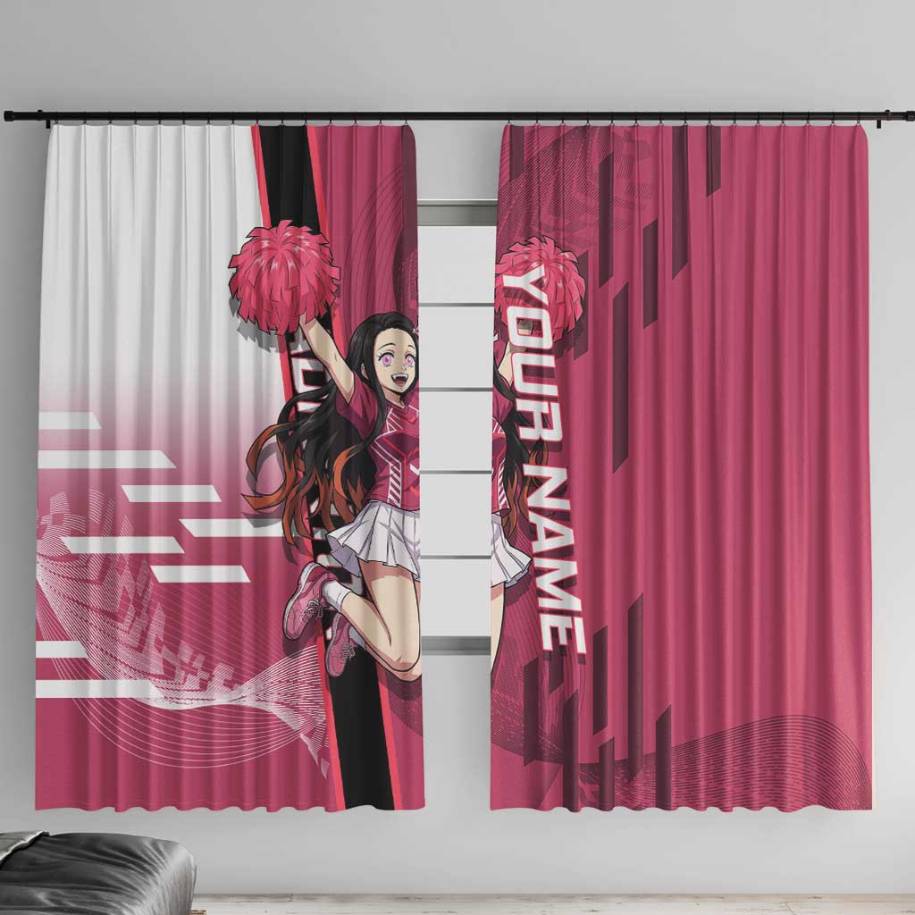 Personalized Nezuko Kamado Demon Slayer Badminton Cheerleader Window Curtain with Pom Poms and Pink White Graphic Design - The Mazicc
