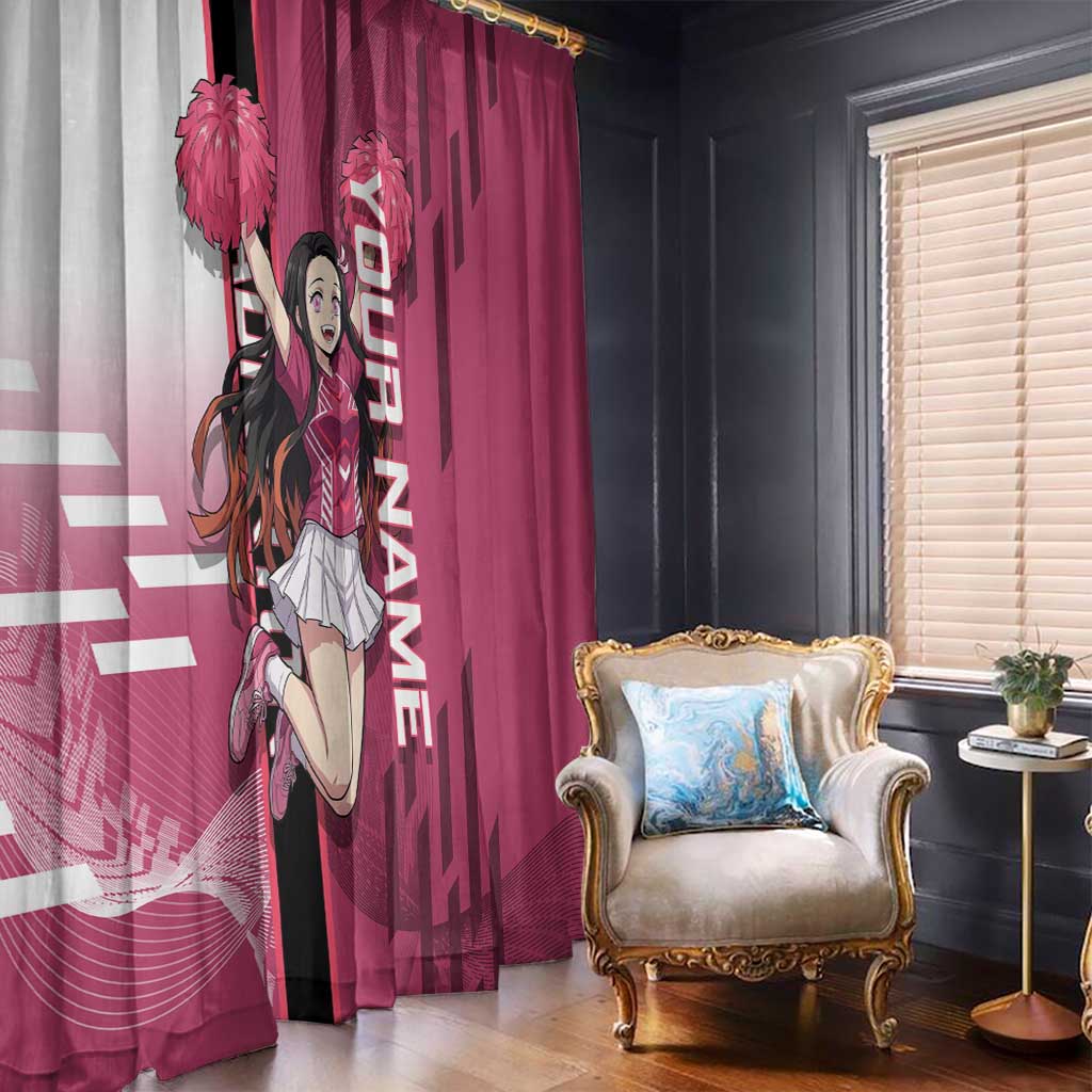 Personalized Nezuko Kamado Demon Slayer Badminton Cheerleader Window Curtain with Pom Poms and Pink White Graphic Design - The Mazicc