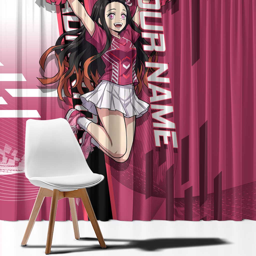 Personalized Nezuko Kamado Demon Slayer Badminton Cheerleader Window Curtain with Pom Poms and Pink White Graphic Design - The Mazicc
