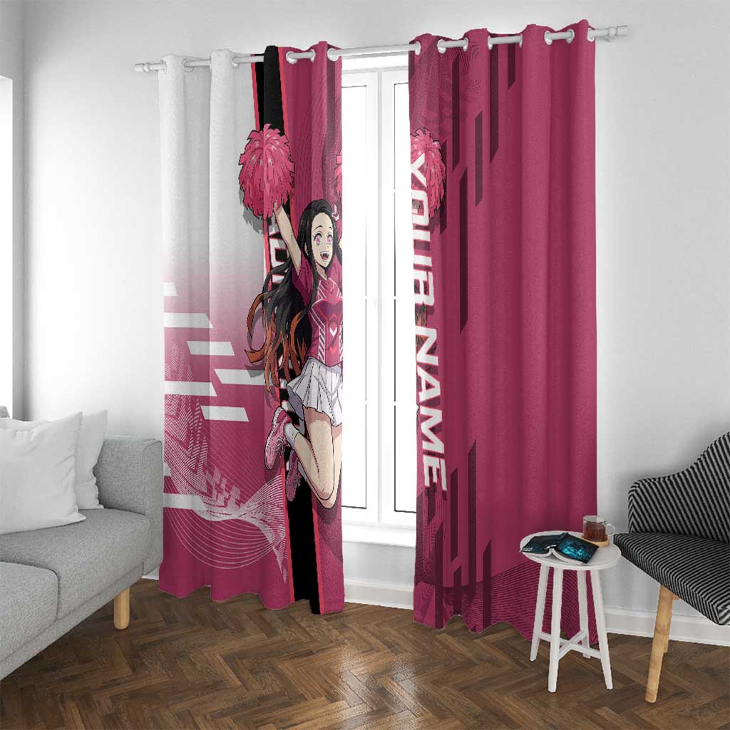 Personalized Nezuko Kamado Demon Slayer Badminton Cheerleader Window Curtain with Pom Poms and Pink White Graphic Design - The Mazicc