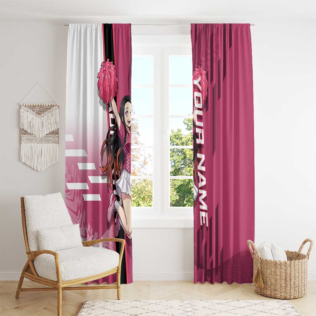 Personalized Nezuko Kamado Demon Slayer Badminton Cheerleader Window Curtain with Pom Poms and Pink White Graphic Design - The Mazicc