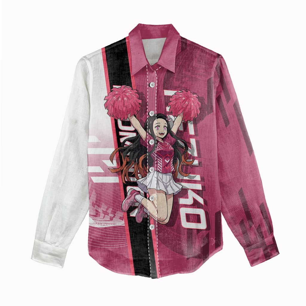 Personalized Nezuko Kamado Demon Slayer Badminton Cheerleader Women Casual Shirt with Pom Poms and Pink White Graphic Design - The Mazicc