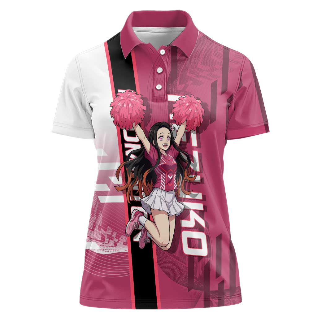 Personalized Nezuko Kamado Demon Slayer Badminton Cheerleader Women Polo Shirt with Pom Poms and Pink White Graphic Design - The Mazicc