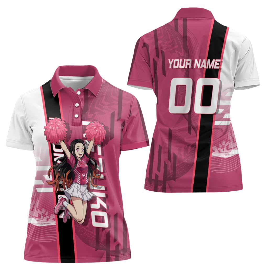Personalized Nezuko Kamado Demon Slayer Badminton Cheerleader Women Polo Shirt with Pom Poms and Pink White Graphic Design - The Mazicc
