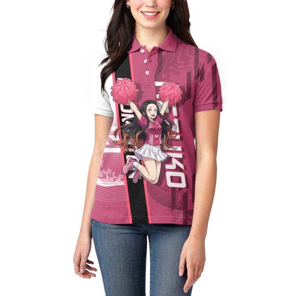 Personalized Nezuko Kamado Demon Slayer Badminton Cheerleader Women Polo Shirt with Pom Poms and Pink White Graphic Design - The Mazicc