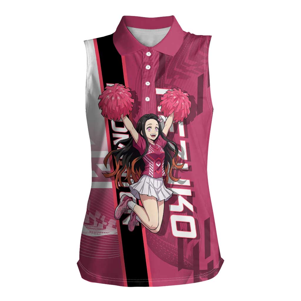 Personalized Nezuko Kamado Demon Slayer Badminton Cheerleader Women Sleeveless Polo Shirt with Pom Poms and Pink White Graphic Design - The Mazicc
