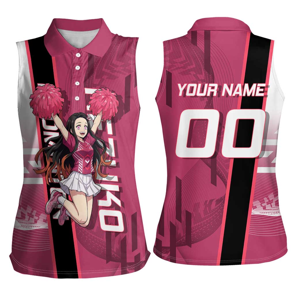 Personalized Nezuko Kamado Demon Slayer Badminton Cheerleader Women Sleeveless Polo Shirt with Pom Poms and Pink White Graphic Design - The Mazicc