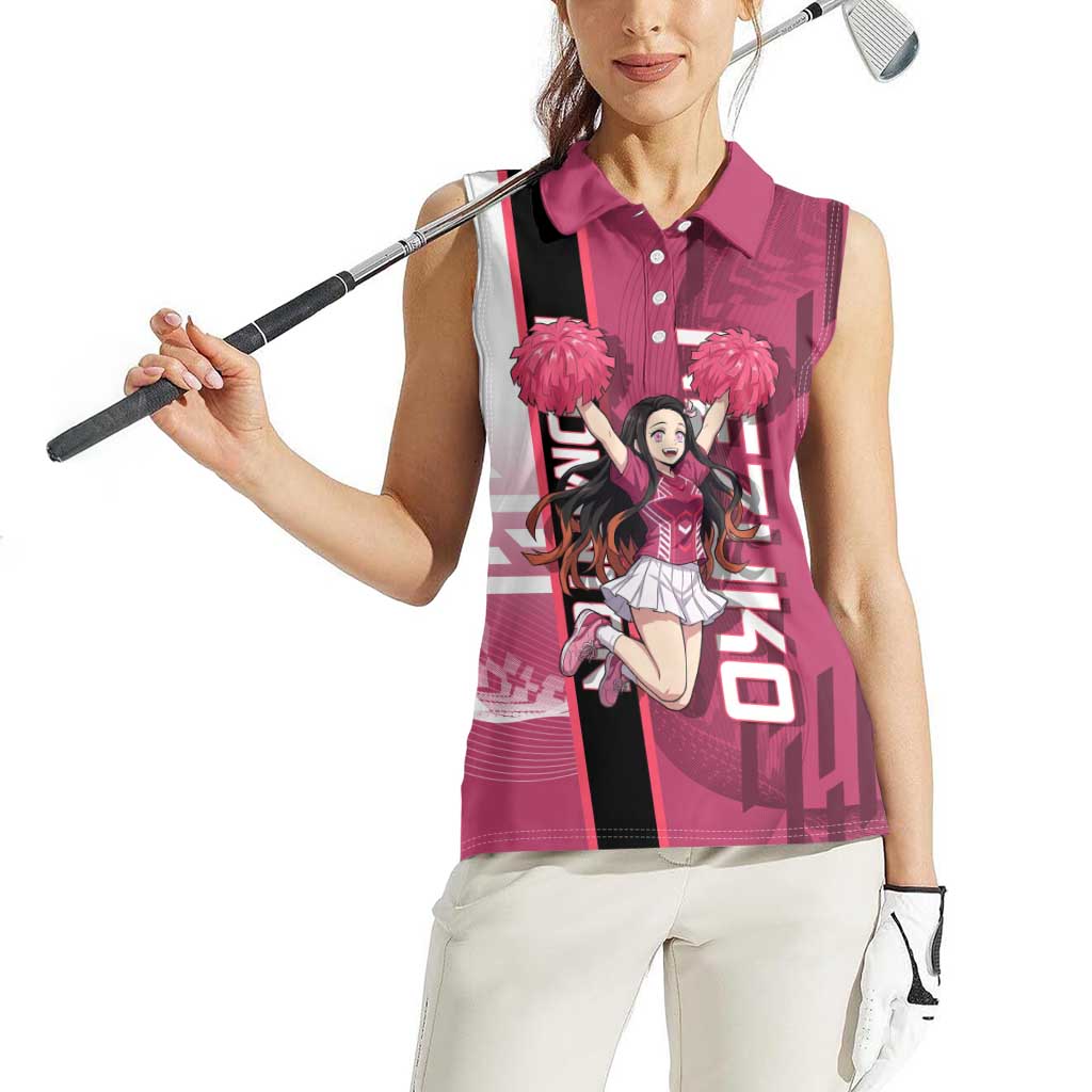 Personalized Nezuko Kamado Demon Slayer Badminton Cheerleader Women Sleeveless Polo Shirt with Pom Poms and Pink White Graphic Design - The Mazicc