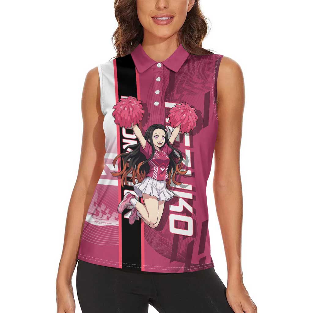 Personalized Nezuko Kamado Demon Slayer Badminton Cheerleader Women Sleeveless Polo Shirt with Pom Poms and Pink White Graphic Design - The Mazicc