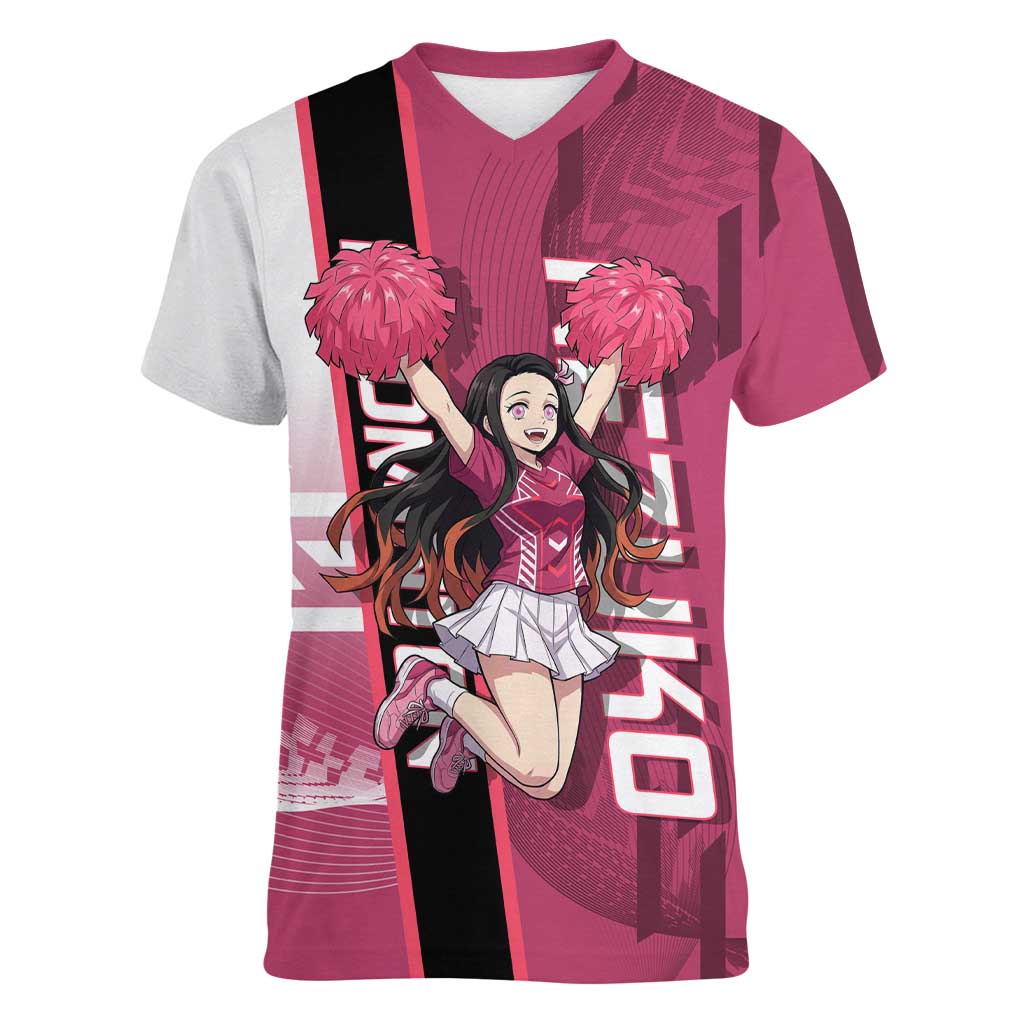 Personalized Nezuko Kamado Demon Slayer Badminton Cheerleader Women V-Neck T-Shirt with Pom Poms and Pink White Graphic Design - The Mazicc