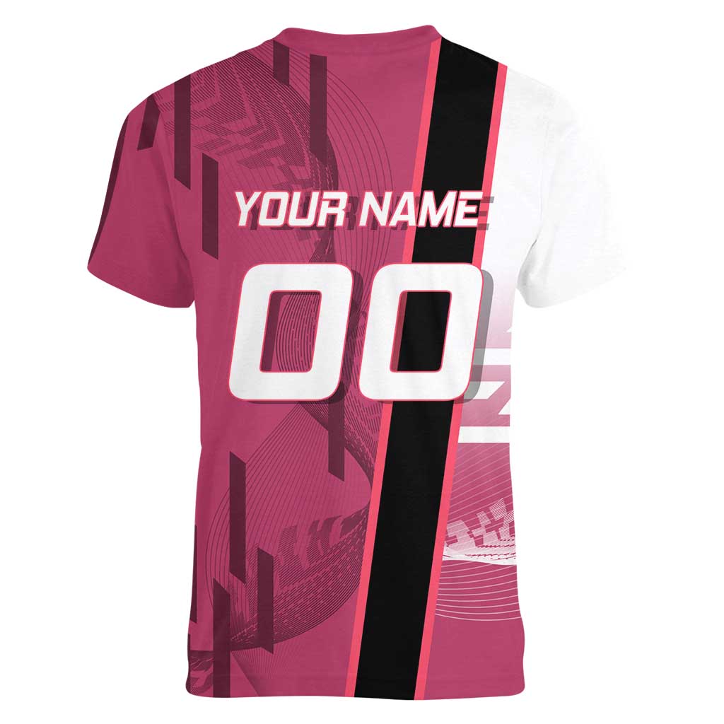 Personalized Nezuko Kamado Demon Slayer Badminton Cheerleader Women V-Neck T-Shirt with Pom Poms and Pink White Graphic Design - The Mazicc