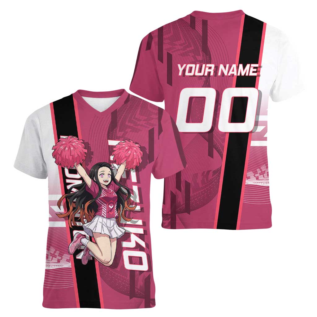 Personalized Nezuko Kamado Demon Slayer Badminton Cheerleader Women V-Neck T-Shirt with Pom Poms and Pink White Graphic Design - The Mazicc