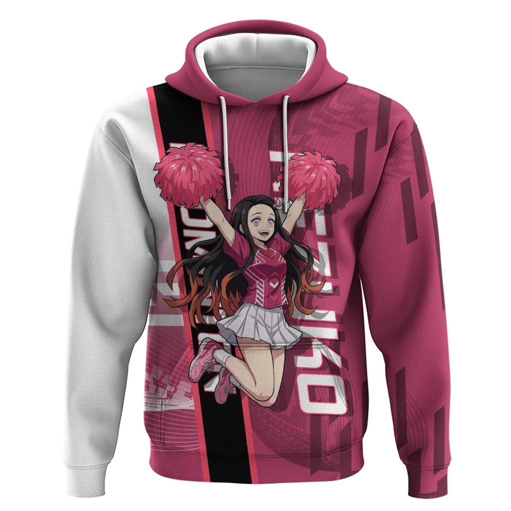 Personalized Nezuko Kamado Demon Slayer Badminton Cheerleader Zip Hoodie with Pom Poms and Pink White Graphic Design - The Mazicc