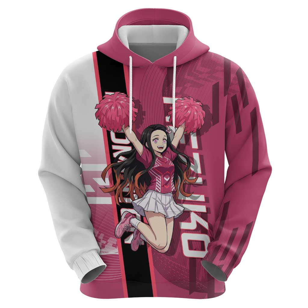 Personalized Nezuko Kamado Demon Slayer Badminton Cheerleader Zip Hoodie with Pom Poms and Pink White Graphic Design - The Mazicc